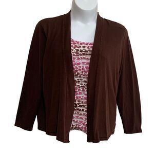 Elementz Cardigan Ruffle Tank Combo Brown Pink Women's Size 3X Knit Long Sleeve
